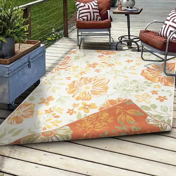 Outdoor Rugs-Kirklands Home Orange & Green Floral Reversible Outdoor Rug, 5x7