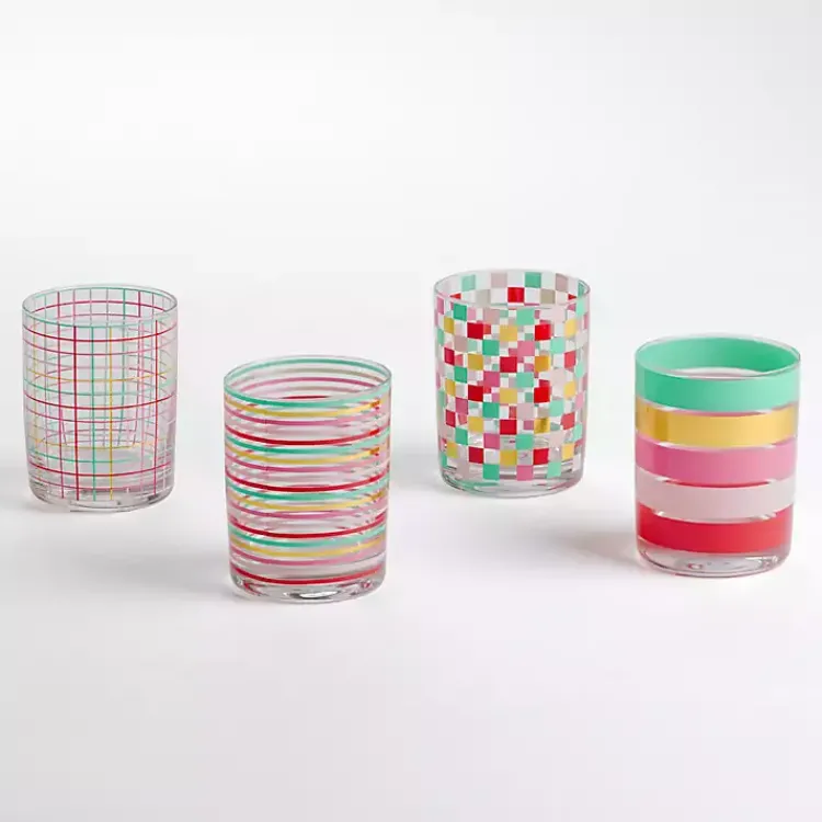 Glassware & Drinkware-Kirklands Home Pink Checkered Drinking Glasses, Set of 4