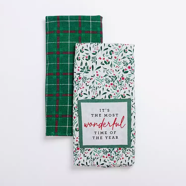 Kitchen Accessories-Kirklands Home Holly and Plaid Kitchen Towels, Set of 2