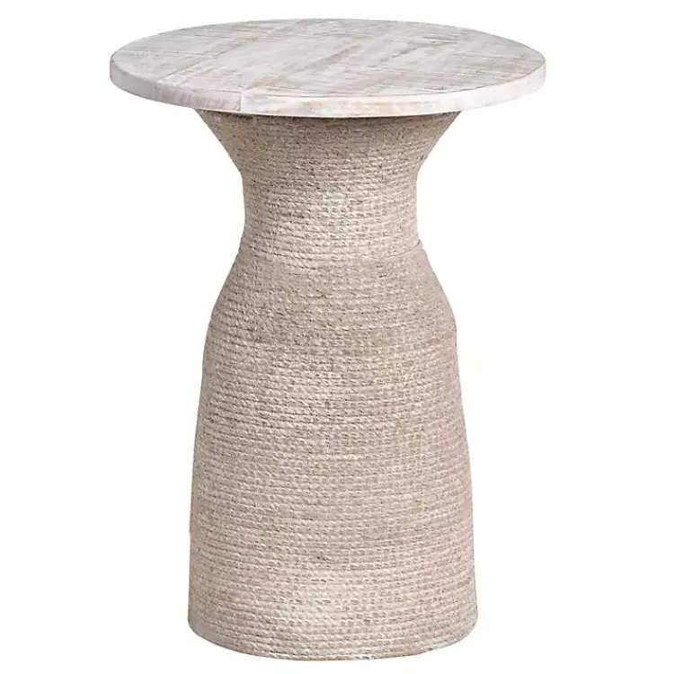 Accent & End Tables-Kirklands Home Round washed Wood and Rope Accent Table White