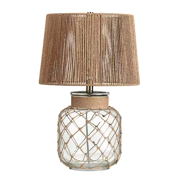 Table Lamps-Kirklands Home Coastal Clear Glass and Rope Table Lamp Tan