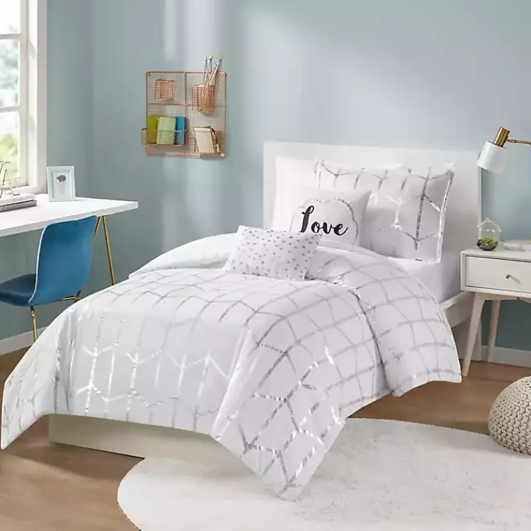 Comforters-Kirklands Home White Metallic 4-pc. Twin/Twin XL Comforter Set