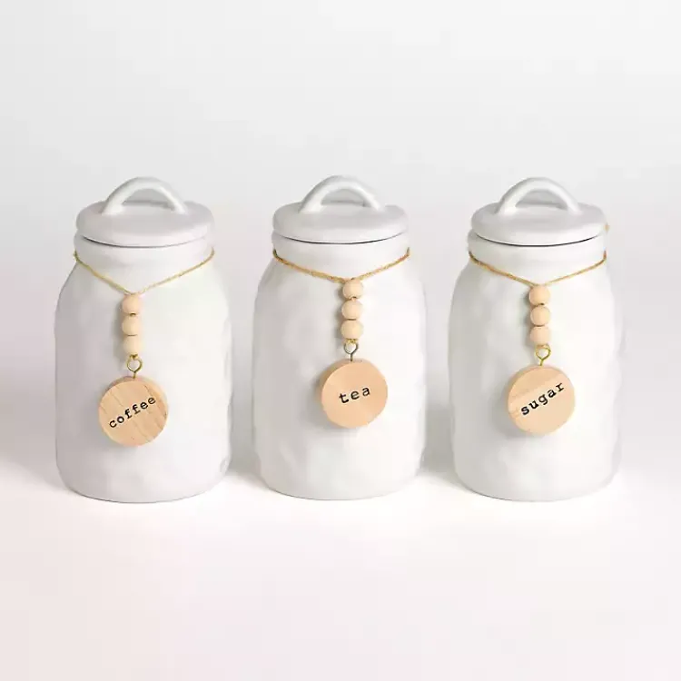 Kitchen Storage-Kirklands Home Ceramic Wood Bead Canisters, Set of 3 White