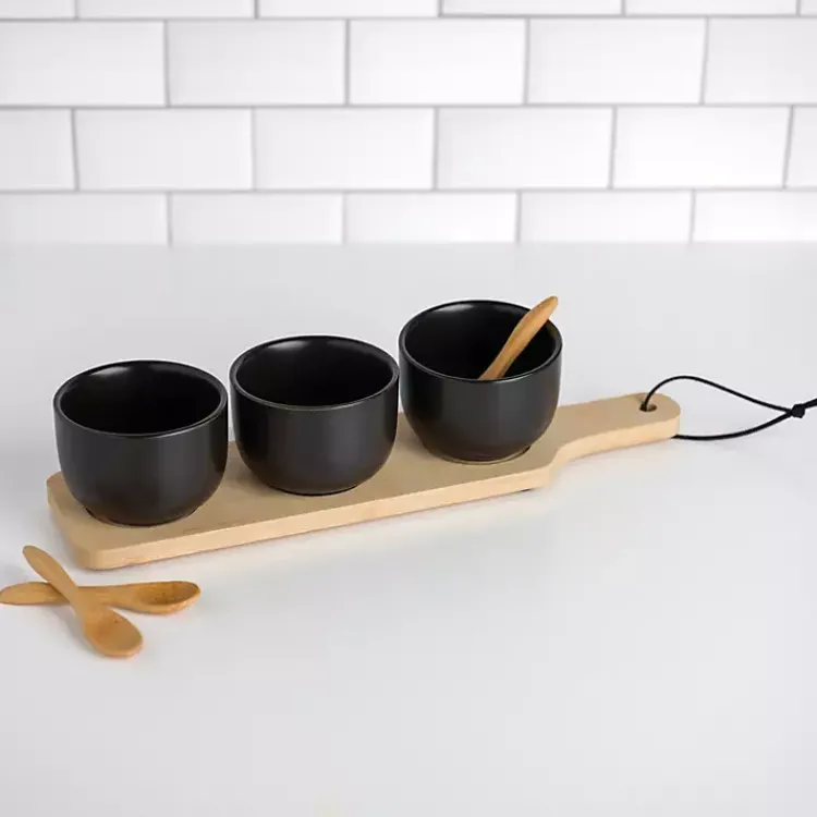 Serving & Entertaining-Kirklands Home Black 3-pc. Dip Bowl Set with Bamboo Tray