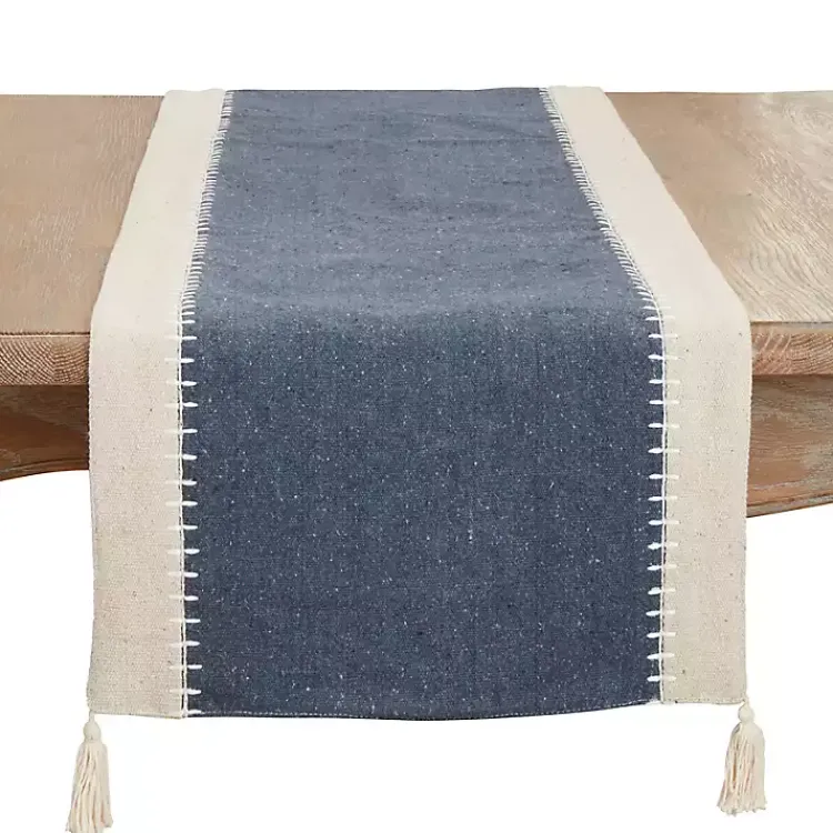 Table Linens-Kirklands Home Cream and Navy Whipstitch Border Table Runner Blue