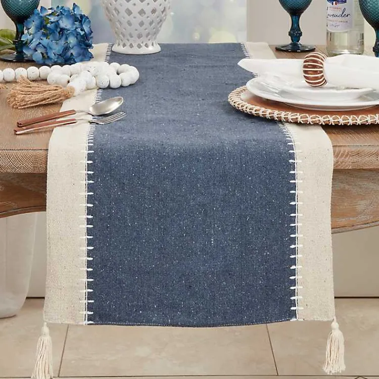 Table Linens-Kirklands Home Cream and Navy Whipstitch Border Table Runner Blue