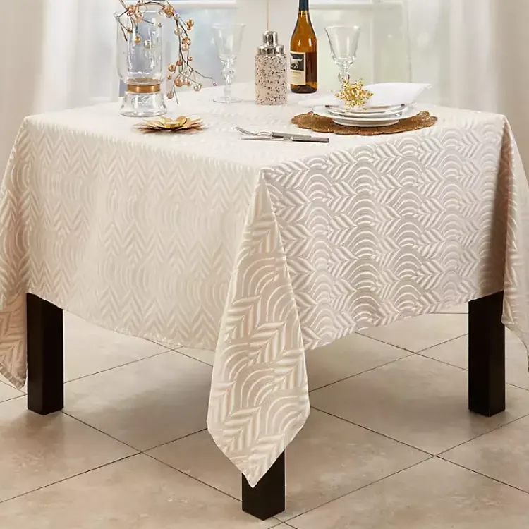 Table Linens-Kirklands Home Beige Jacquard Leaf Tablecloth, 72 in. Brown