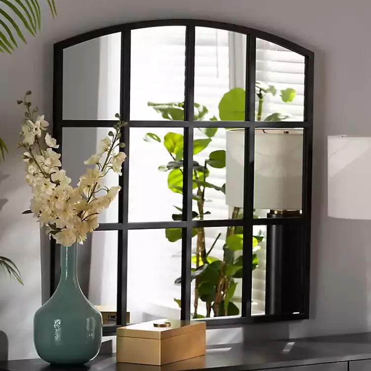 Decorative Mirrors-Kirklands Home Black Metal Windowpane Arched Wall Mirror
