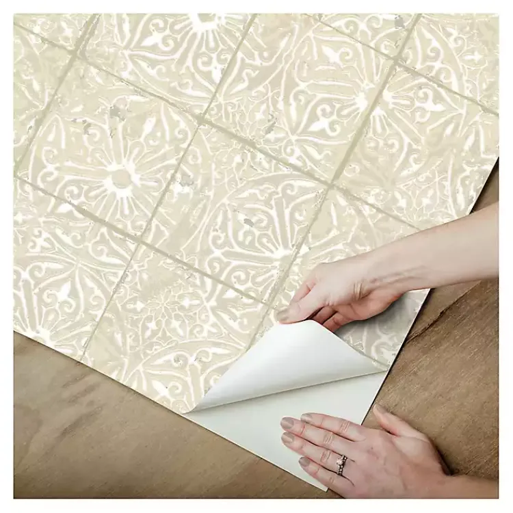 Wall Murals & Wallpaper-Kirklands Home Cream Provincial Tiles Peel & Stick Wallpaper Tan