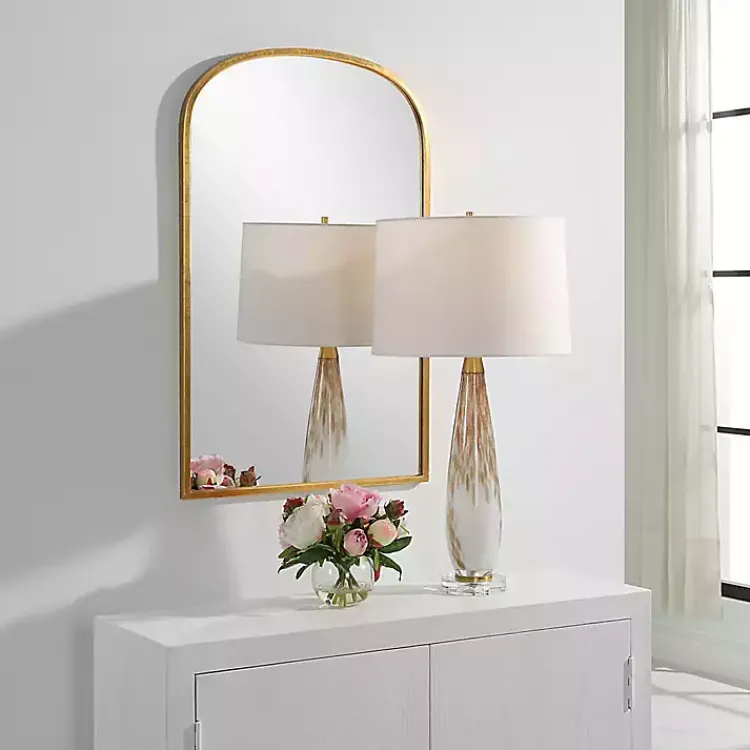 Framed Mirrors-Kirklands Home Gold Simple Round Top Wall Mirror