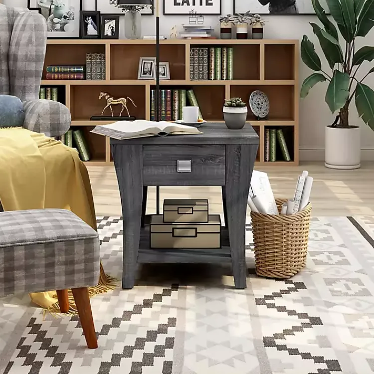Accent & End Tables-Kirklands Home Charcoal Wood Single Drawer Side Table Gray