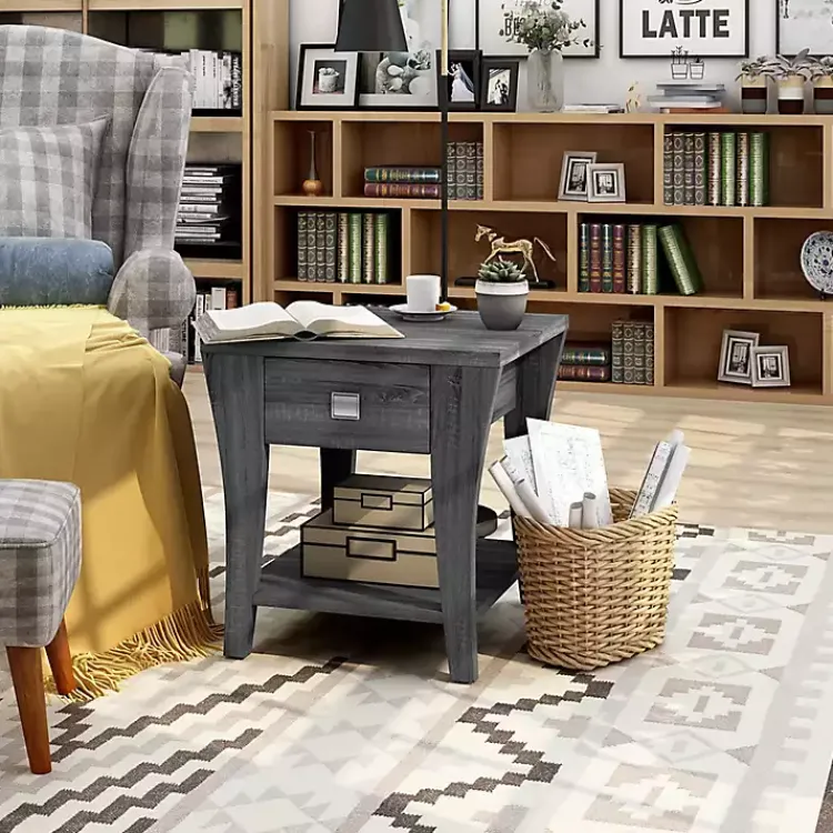 Accent & End Tables-Kirklands Home Charcoal Wood Single Drawer Side Table Gray