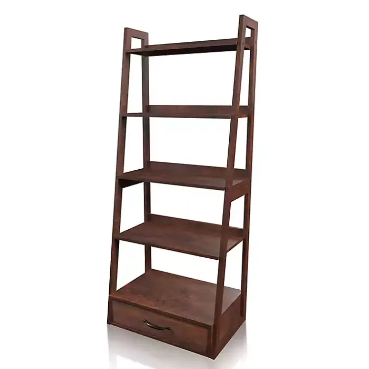 Bookshelves-Kirklands Home Wood 5-Shelf Leaning Bookshelf Brown