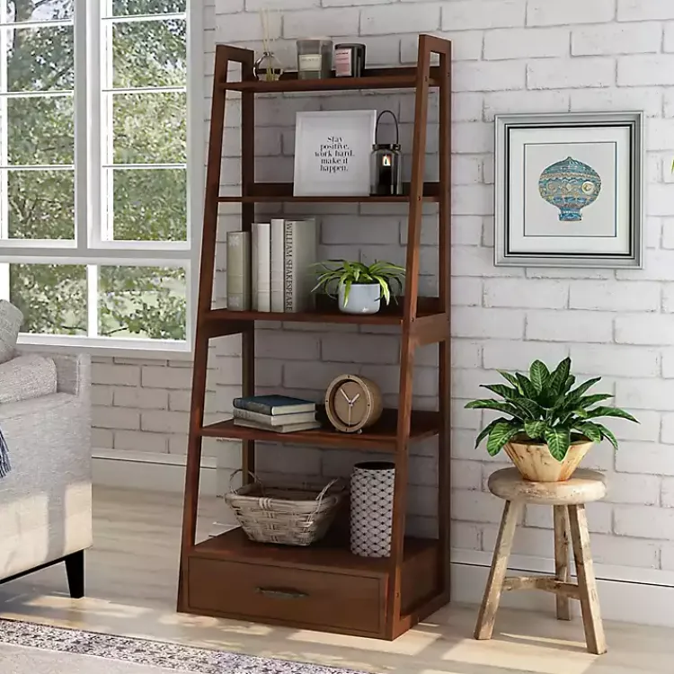 Bookshelves-Kirklands Home Wood 5-Shelf Leaning Bookshelf Brown