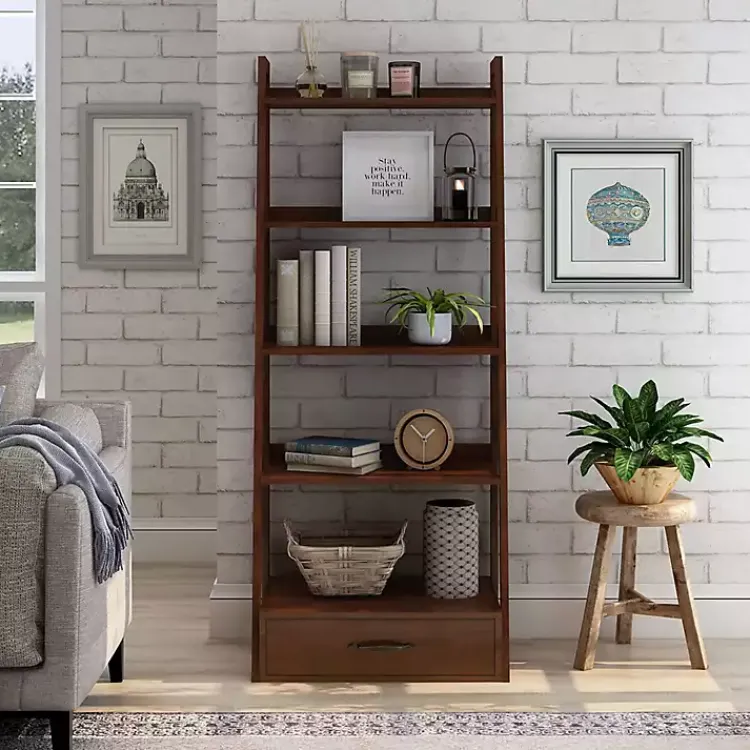 Bookshelves-Kirklands Home Wood 5-Shelf Leaning Bookshelf Brown