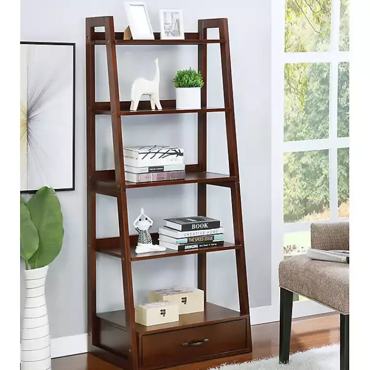 Bookshelves-Kirklands Home Wood 5-Shelf Leaning Bookshelf Brown