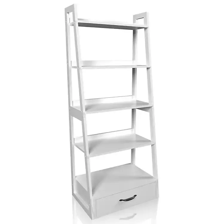 Bookshelves-Kirklands Home Wood 5-Shelf Leaning Bookshelf White