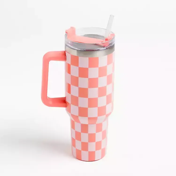 Glassware & Drinkware-Kirklands Home Checkered Otto 40 oz. Insulated Tumbler Orange