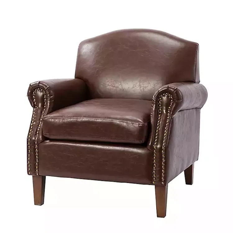 Accent Chairs-Kirklands Home Faux Leather Nailhead Taylor Armchair Brown