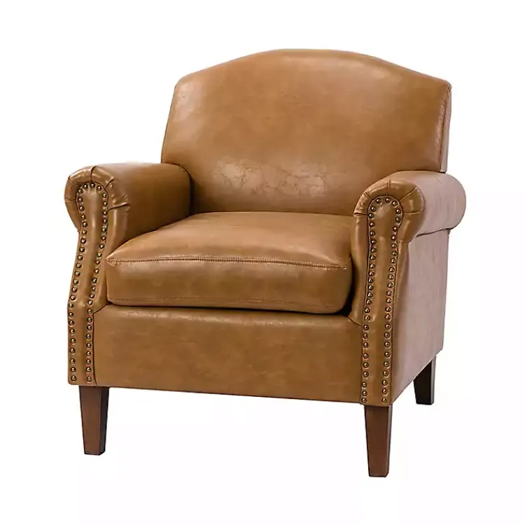 Accent Chairs-Kirklands Home Camel Faux Leather Nailhead Taylor Armchair Tan