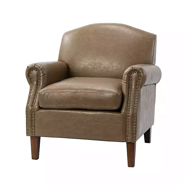 Accent Chairs-Kirklands Home Taupe Faux Leather Nailhead Taylor Armchair Brown