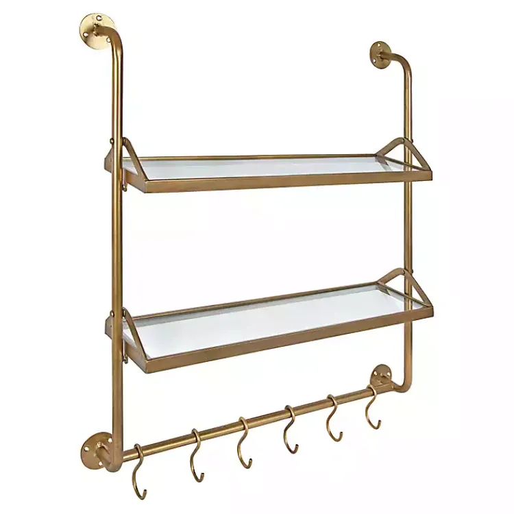 Shelves-Kirklands Home Merit Gold Metal Wall Shelf with Hooks