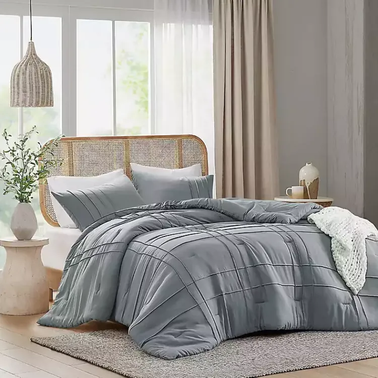 Comforters-Kirklands Home Gray Pleated Grid 3-pc. Queen Comforter Set Blue