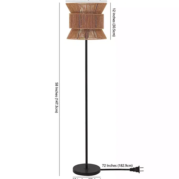 Floor Lamps-Kirklands Home Black Floor Lamp with Natural Woven Shade Brown