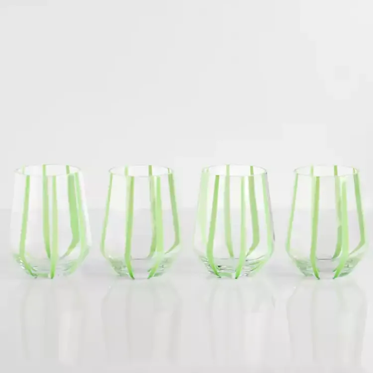 Glassware & Drinkware-Kirklands Home Green Striped Stemless Wine Glasses, Set of 4