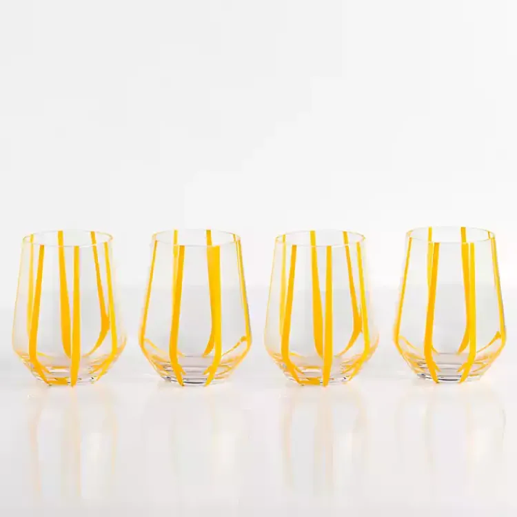 Glassware & Drinkware-Kirklands Home Yellow Striped Stemless Wine Glasses, Set of 4