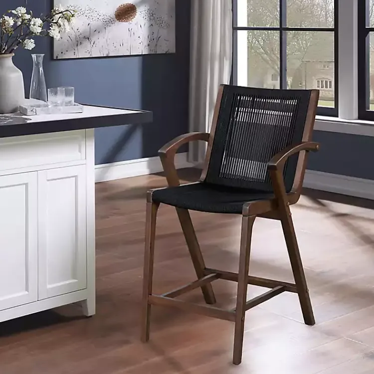 Bar Stools & Counter Height Stools-Kirklands Home Rope and Brown Wood Counter Stool Black