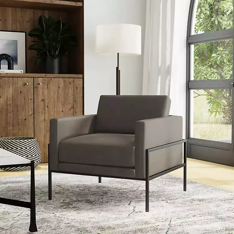 Accent Chairs-Kirklands Home Faux Leather Black Metal Accent Chair Gray