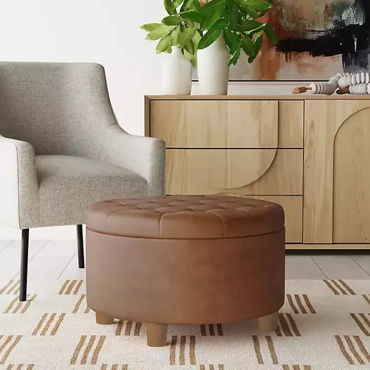 Benches & Ottomans-Kirklands Home Round Faux Leather Tufted Storage Ottoman Brown
