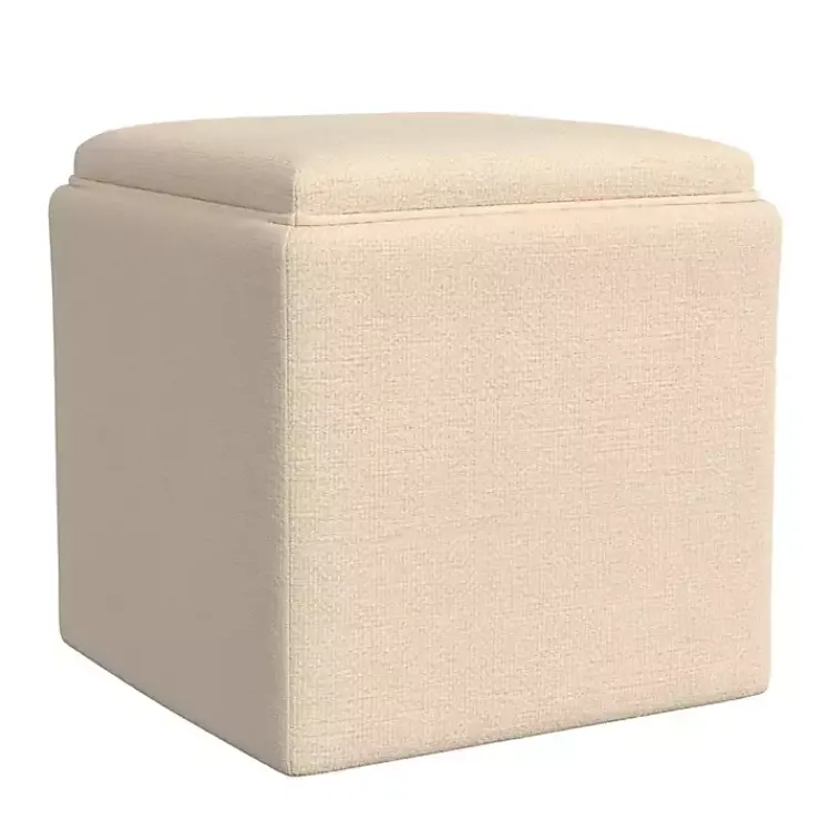 Benches & Ottomans-Kirklands Home Cream Upholstered Storage Ottoman with Tray Top White