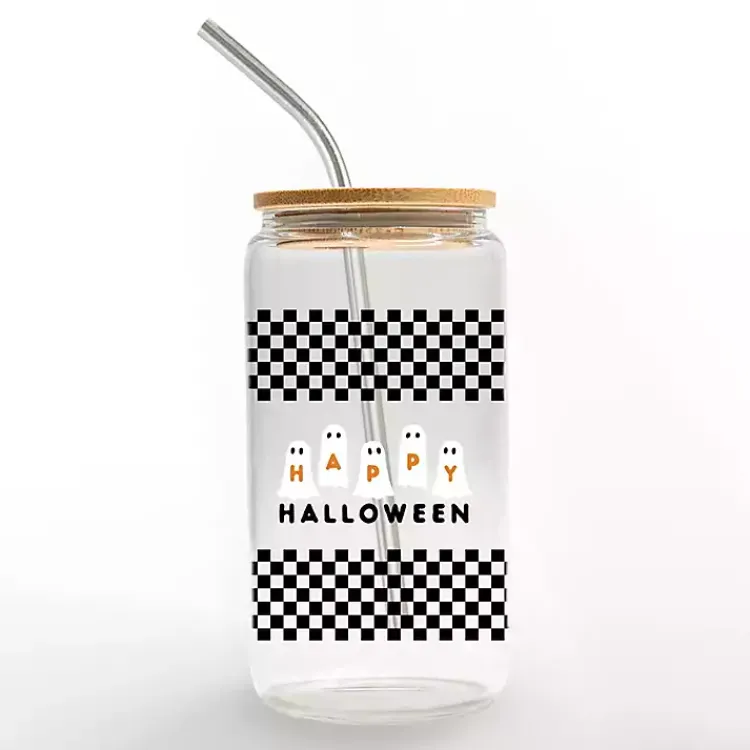 Glassware & Drinkware-Kirklands Home Happy Halloween Ghosts Checkered Halloween Tumbler