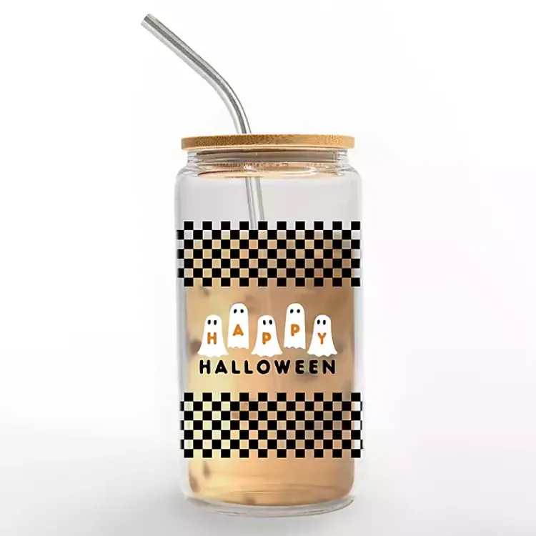 Glassware & Drinkware-Kirklands Home Happy Halloween Ghosts Checkered Halloween Tumbler