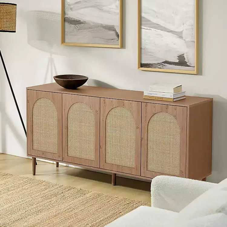 Cabinets & Sideboards-Kirklands Home Oak and Natural Rattan 4-Door Sideboard Brown