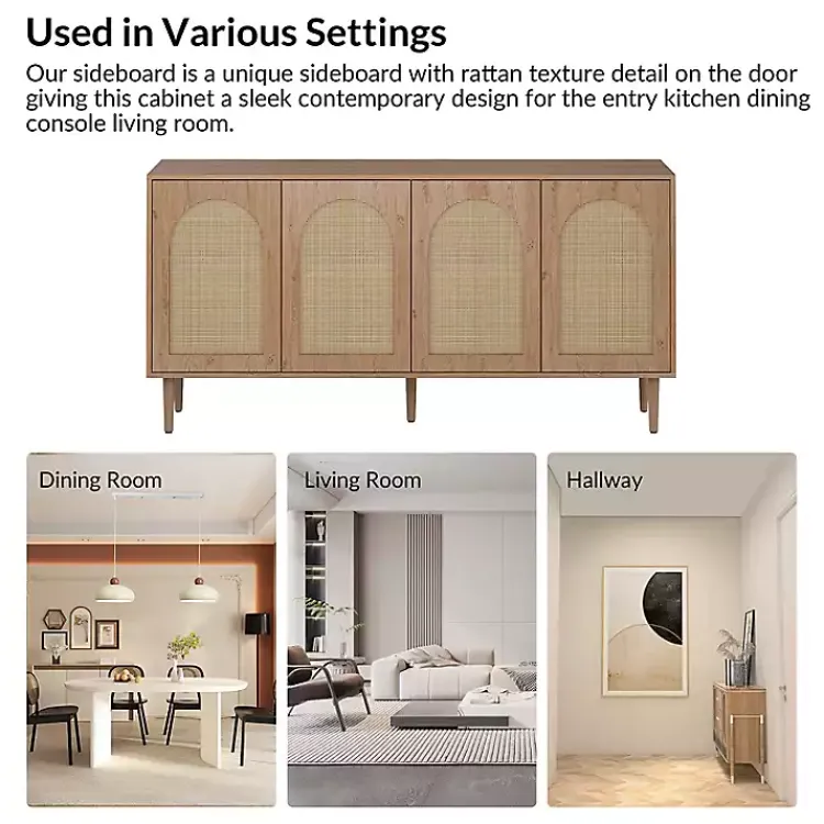 Cabinets & Sideboards-Kirklands Home Oak and Natural Rattan 4-Door Sideboard Brown