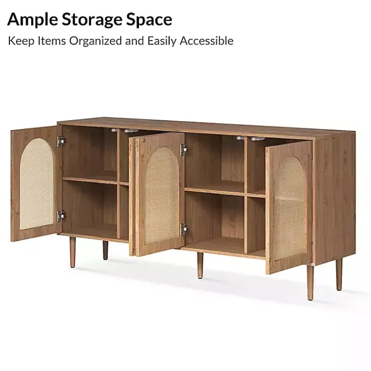 Cabinets & Sideboards-Kirklands Home Oak and Natural Rattan 4-Door Sideboard Brown