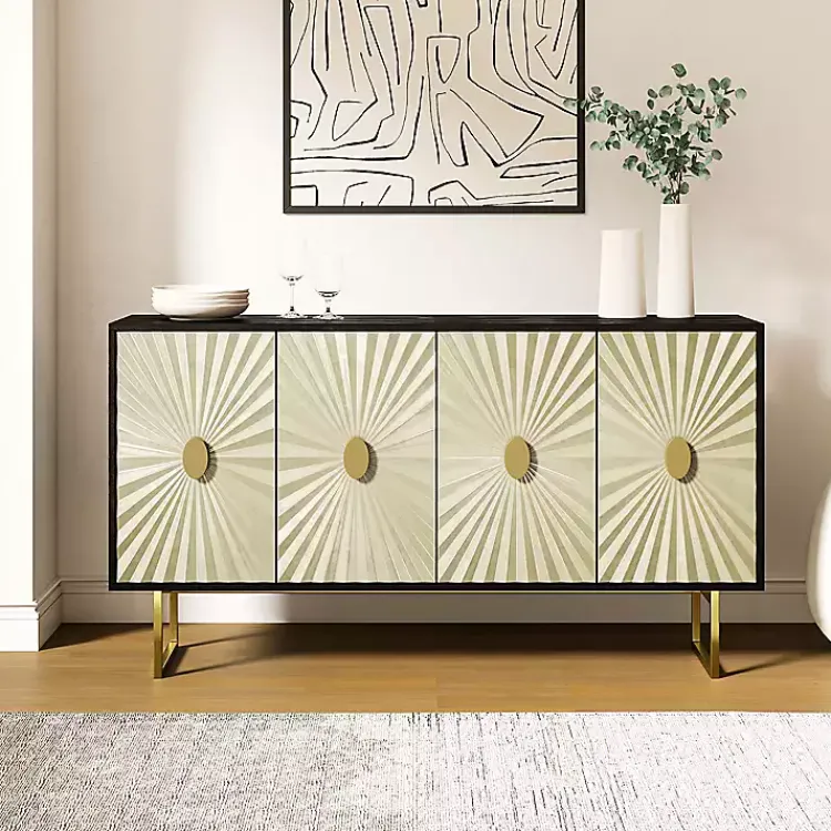 Cabinets & Sideboards-Kirklands Home Black & Ivory Sunburst 4-Door Sideboard