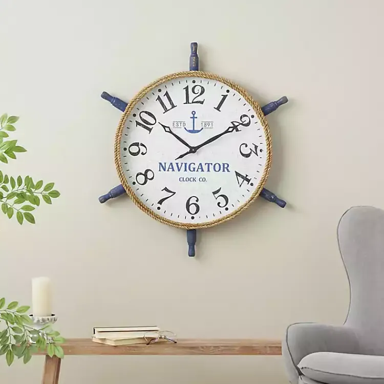 Clocks-Kirklands Home Ship Wheel Wood and Rope Wall Clock