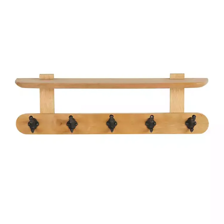 Shelves-Kirklands Home Natural Wood Wall Shelf with Hooks