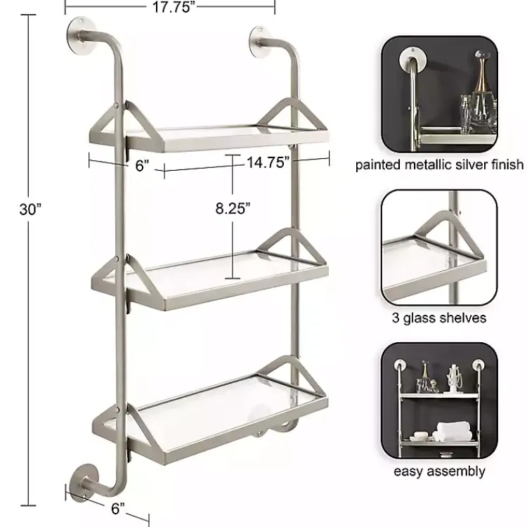Shelves-Kirklands Home Metal and Glass 3-Tier Wall Shelf Silver