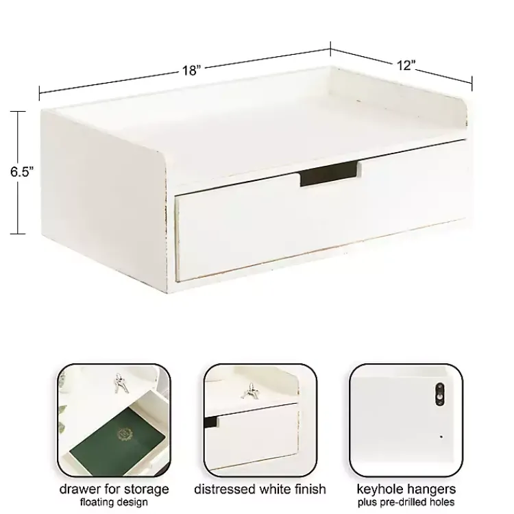 Accent & End Tables-Kirklands Home Distressed Drawer Kitt Floating Side Table White