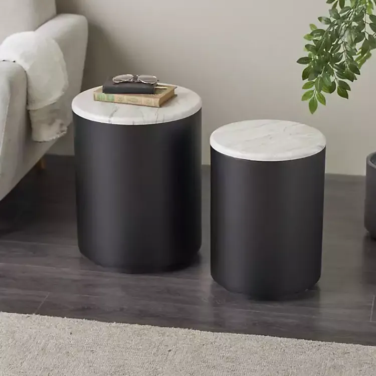 Accent & End Tables-Kirklands Home Black Metal Marble Nesting Accent Tables, Set of 2 White