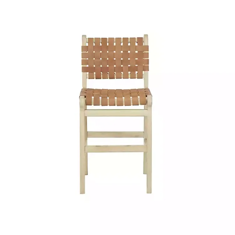 Bar Stools & Counter Height Stools-Kirklands Home Light Brown Woven Leather Wooden Counter Stool Tan