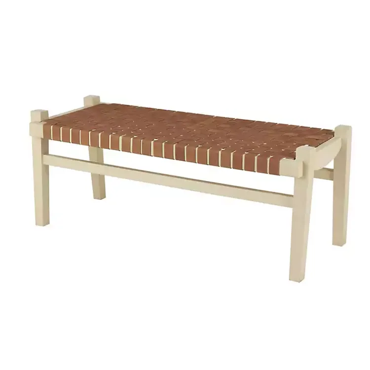 Benches & Ottomans-Kirklands Home Woven Camel Leather Natural Wood Bench Brown