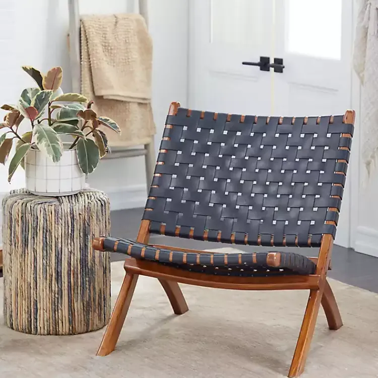 Accent Chairs-Kirklands Home Woven Leather Folding Accent Chair Black
