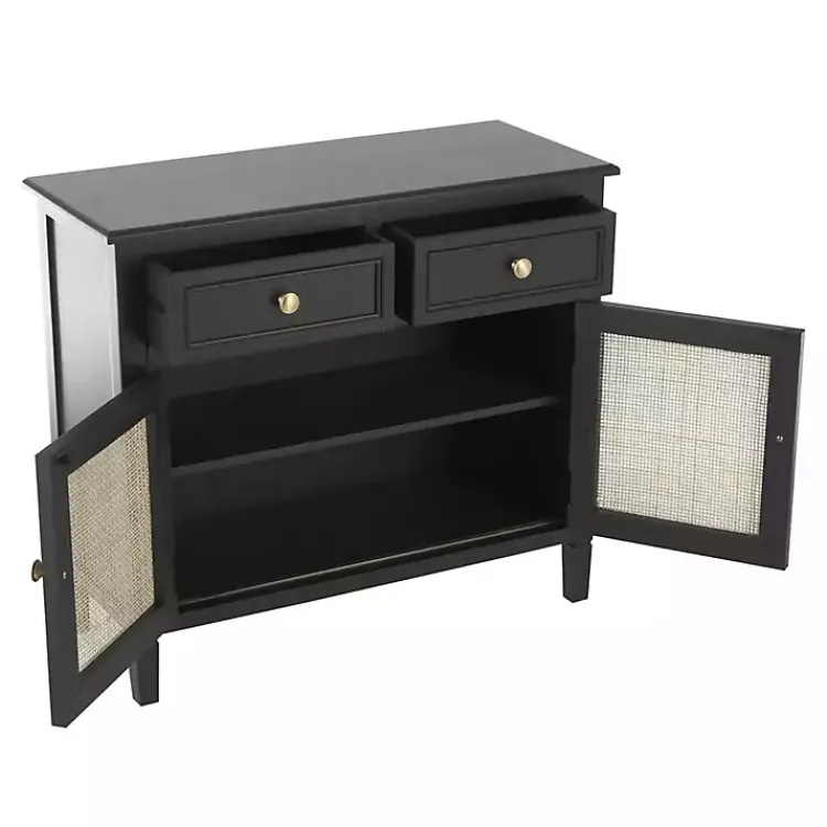 Cabinets & Sideboards-Kirklands Home Wood & Natural Rattan 2-Door Cabinet Black