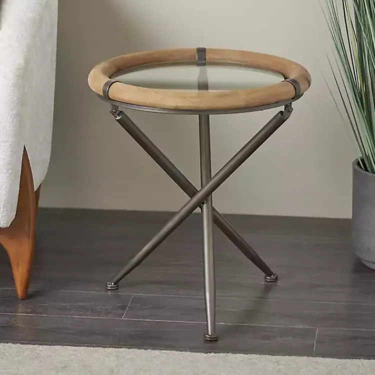 Accent & End Tables-Kirklands Home Wood and Glass Round Tripod Accent Table Brown